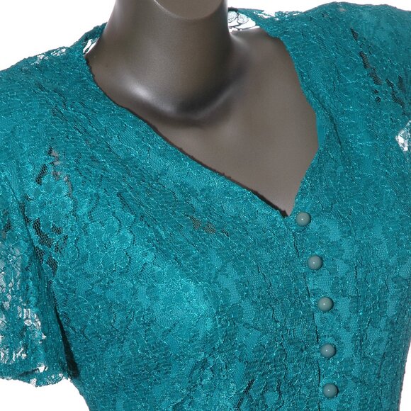 Lace DRESS & BOLERO 2 Pc. Set Vittoria Virini Teal Aqua Green Floral Vtg 80s-90s - Picture 3 of 9